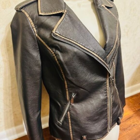 LA Coalition Dark Brown Faux Leather Moto Streetwear Edgy Tan Stitching Jacket S - Picture 4 of 9